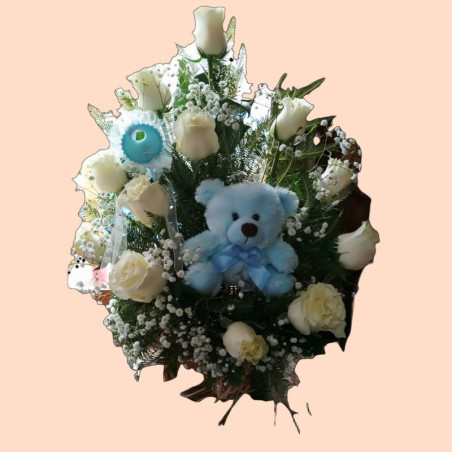 Arreglo de nacimiento 12 rosas peluche y Topper ( ver disponibilidad de peluche)