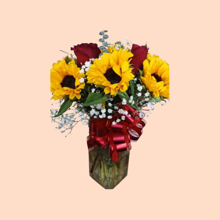 Florero De 10 Girasoles y 5 Rosas