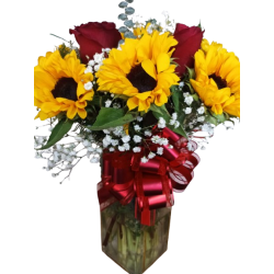 Florero De 10 Girasoles y 5 Rosas
