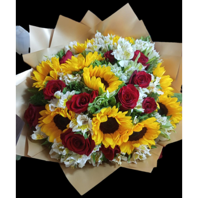 Ramo de 10 girasoles 12 rosas y astromelias