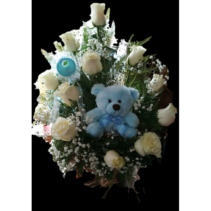 Arreglo de nacimiento 12 rosas peluche y Topper ( ver disponibilidad de peluche)